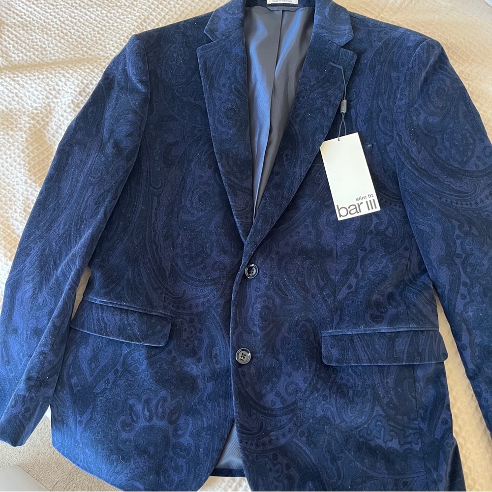 Men’s Blue Velvet Paisley Print Slim Fit Blazer